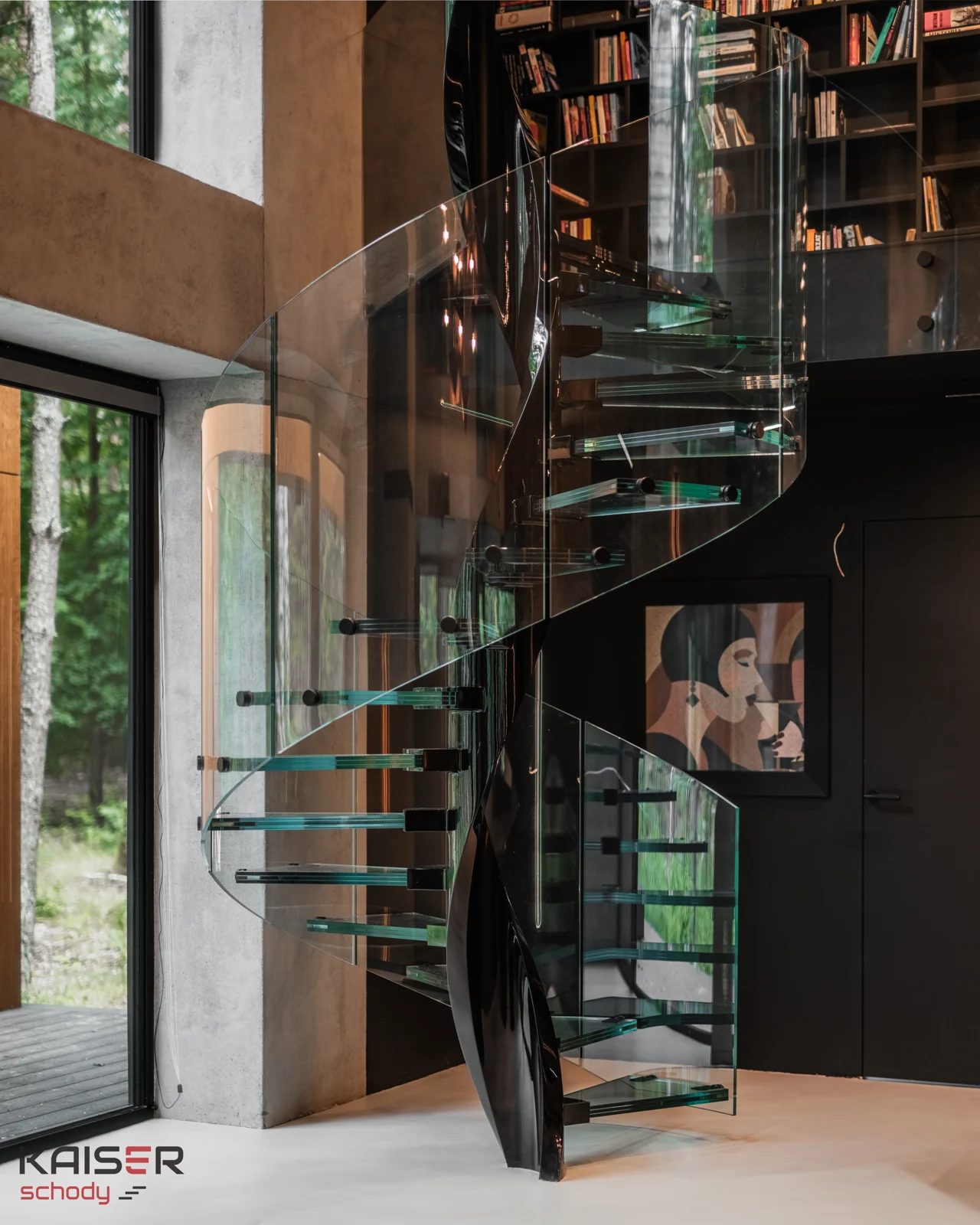 Dark spiral staircase beside a library